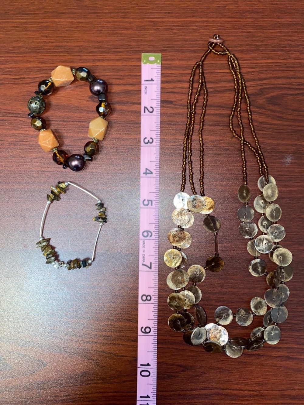 Gold-Tone Disc Multi-Strand Necklace and Beaded Bracelets Set